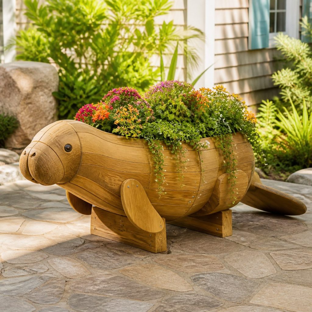 Trailing-Flower Manatee shown as a square photorealistic cedar manatee-shaped garden planter filled with flowers