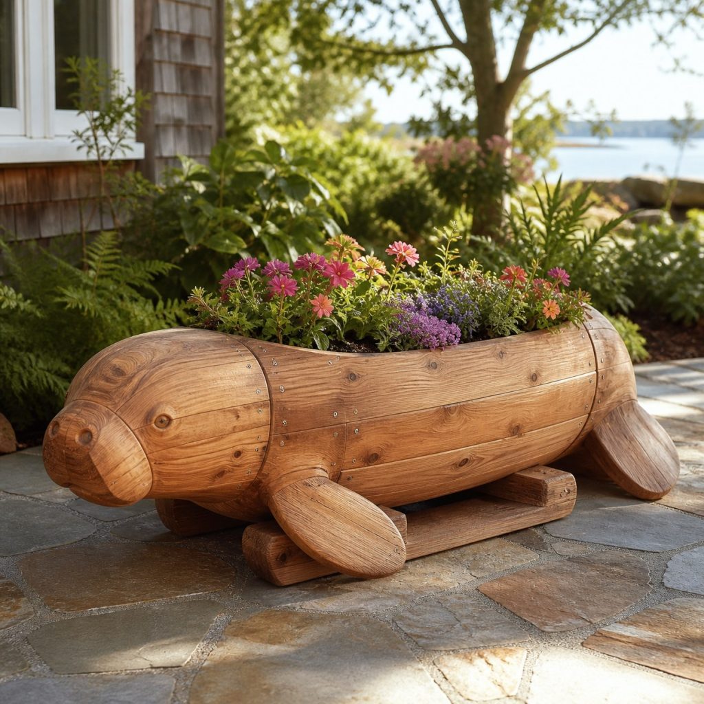 Large Grass-Filled Manatee shown as a square photorealistic cedar manatee-shaped garden planter filled with flowers
