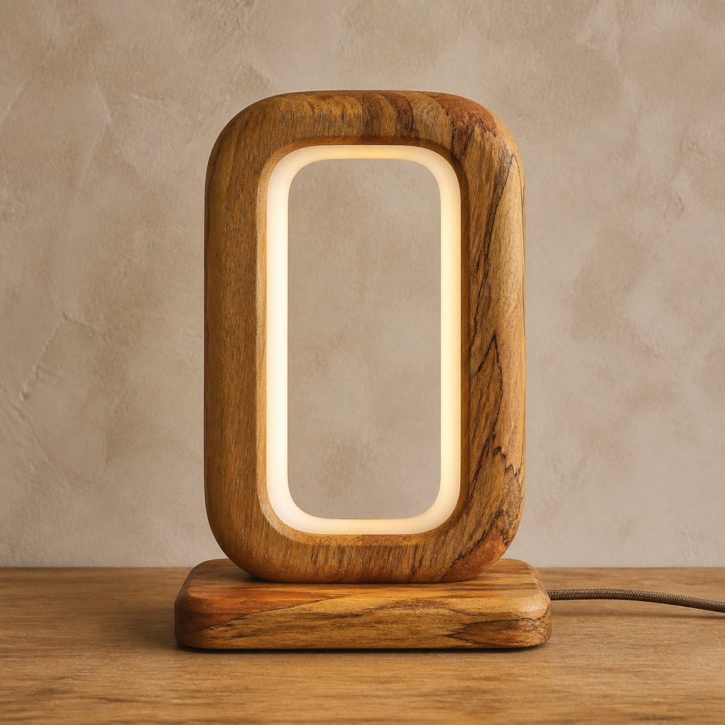 Mango Wood Rounded-Portal Lamp shown as an original square photorealistic mango wood lamp with natural golden-brown with varied streaks grain, distinctive construction, and warm diffused light