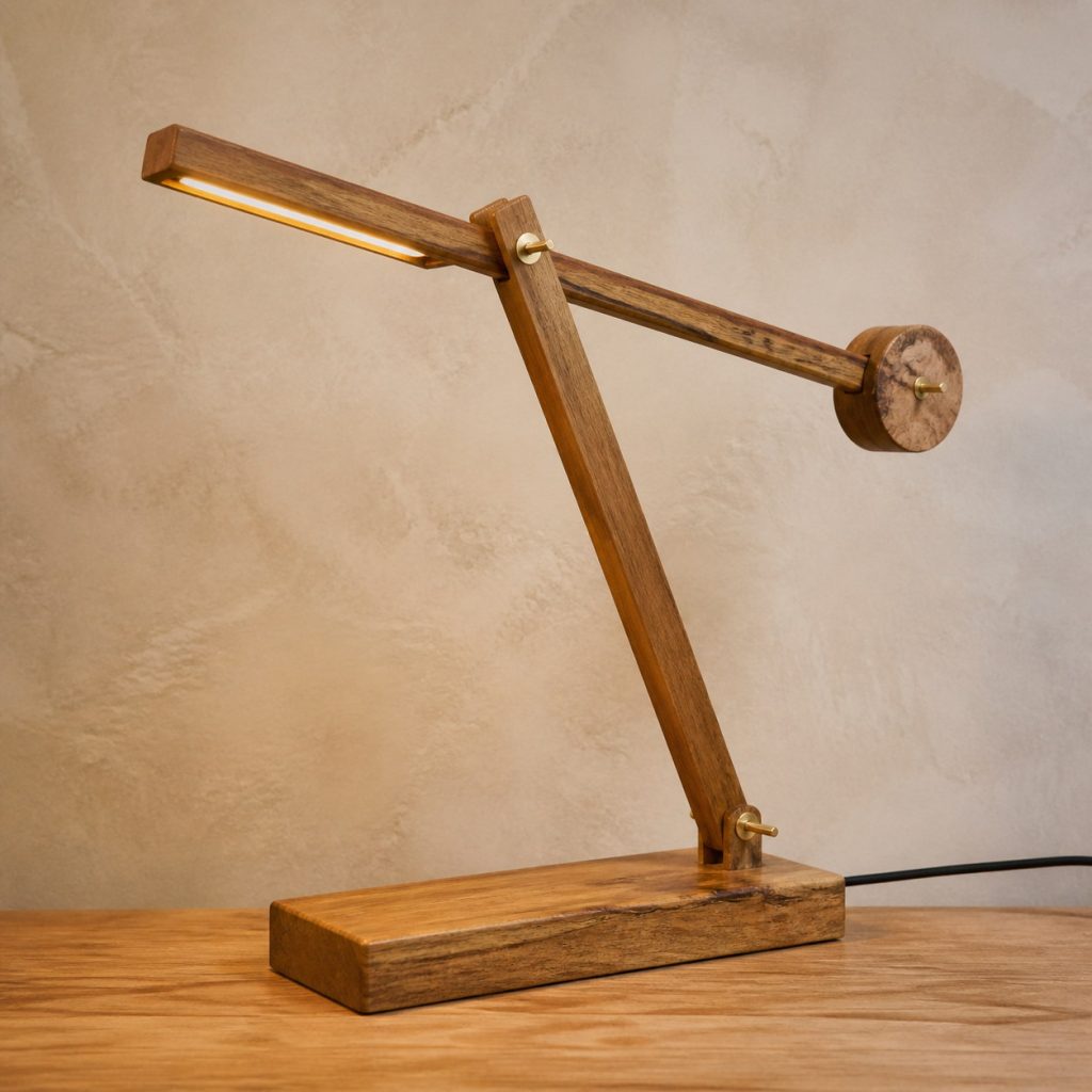 Mango Wood Balance-Arm Lamp shown as an original square photorealistic mango wood lamp with natural golden-brown with varied streaks grain, distinctive construction, and warm diffused light