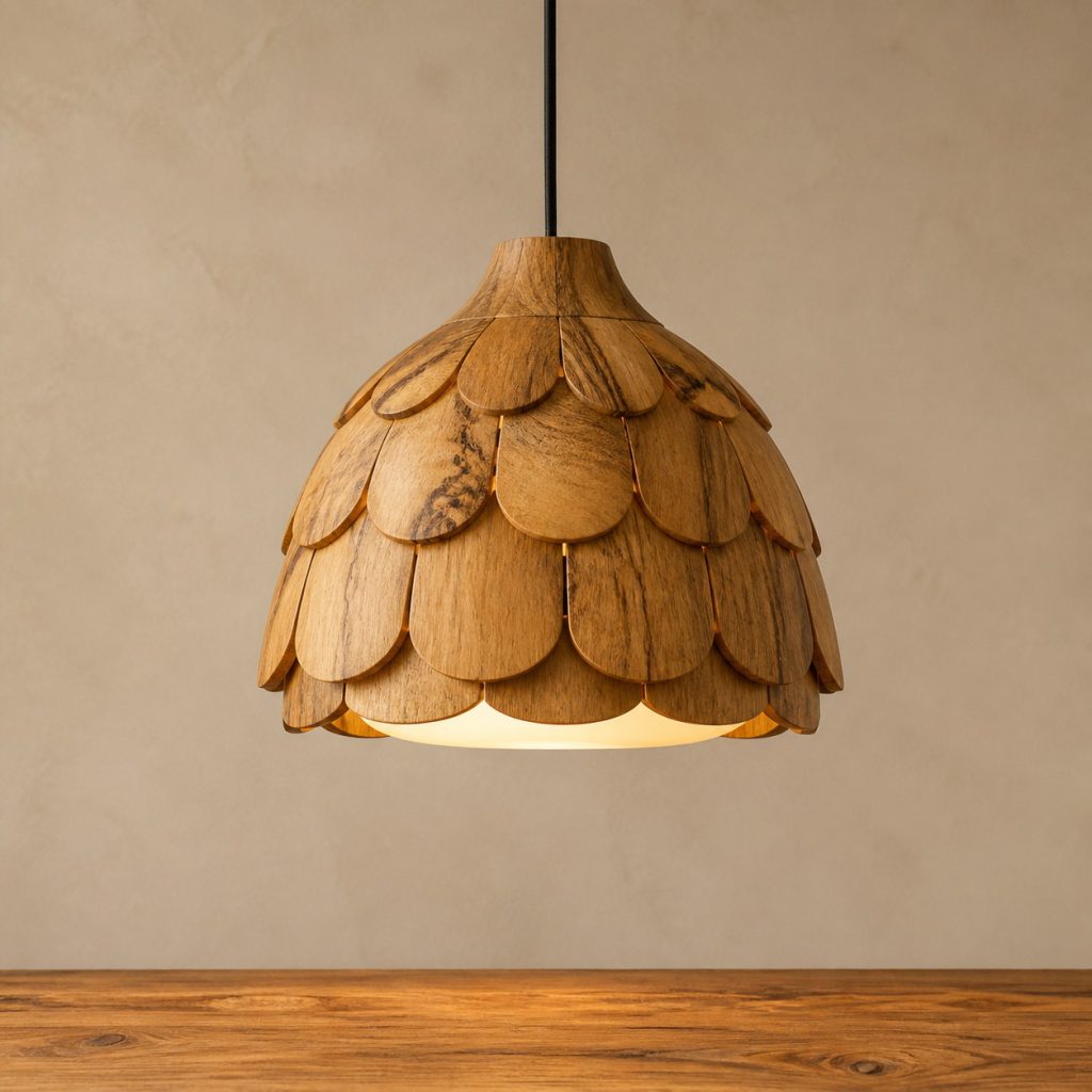 Mango Wood Scalloped Pendant shown as an original square photorealistic mango wood lamp with natural golden-brown with varied streaks grain, distinctive construction, and warm diffused light