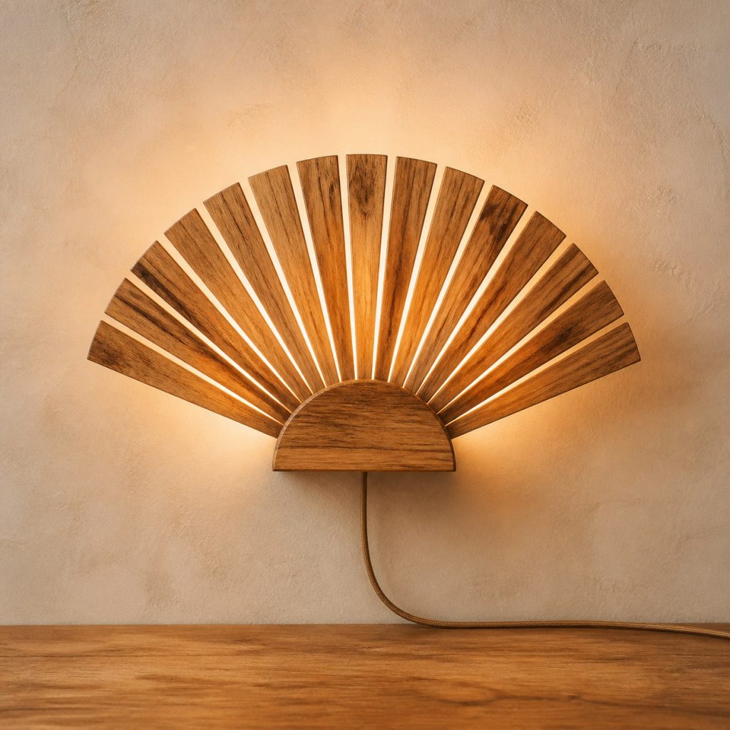 Mango Wood Sunburst Sconce shown as an original square photorealistic mango wood lamp with natural golden-brown with varied streaks grain, distinctive construction, and warm diffused light