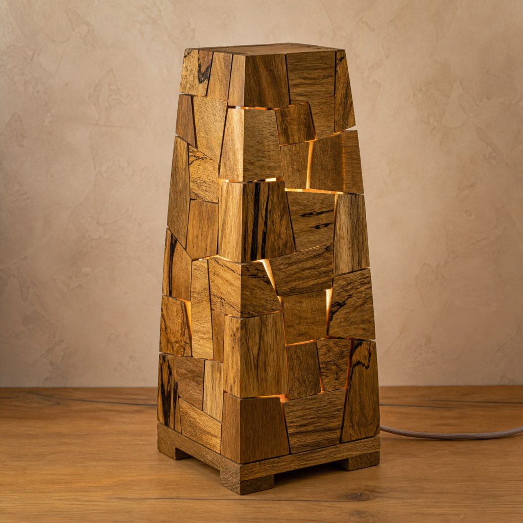 Mango Wood Mosaic-Block Lamp shown as an original square photorealistic mango wood lamp with natural golden-brown with varied streaks grain, distinctive construction, and warm diffused light