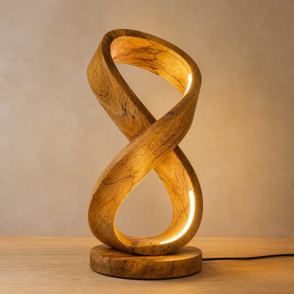 Mango Wood Looped-Ribbon Lamp shown as an original square photorealistic mango wood lamp with natural golden-brown with varied streaks grain, distinctive construction, and warm diffused light