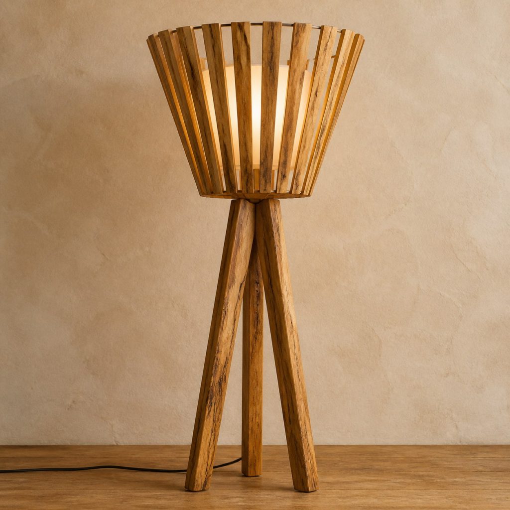 Mango Wood Tripod-Cone Floor Lamp shown as an original square photorealistic mango wood lamp with natural golden-brown with varied streaks grain, distinctive construction, and warm diffused light