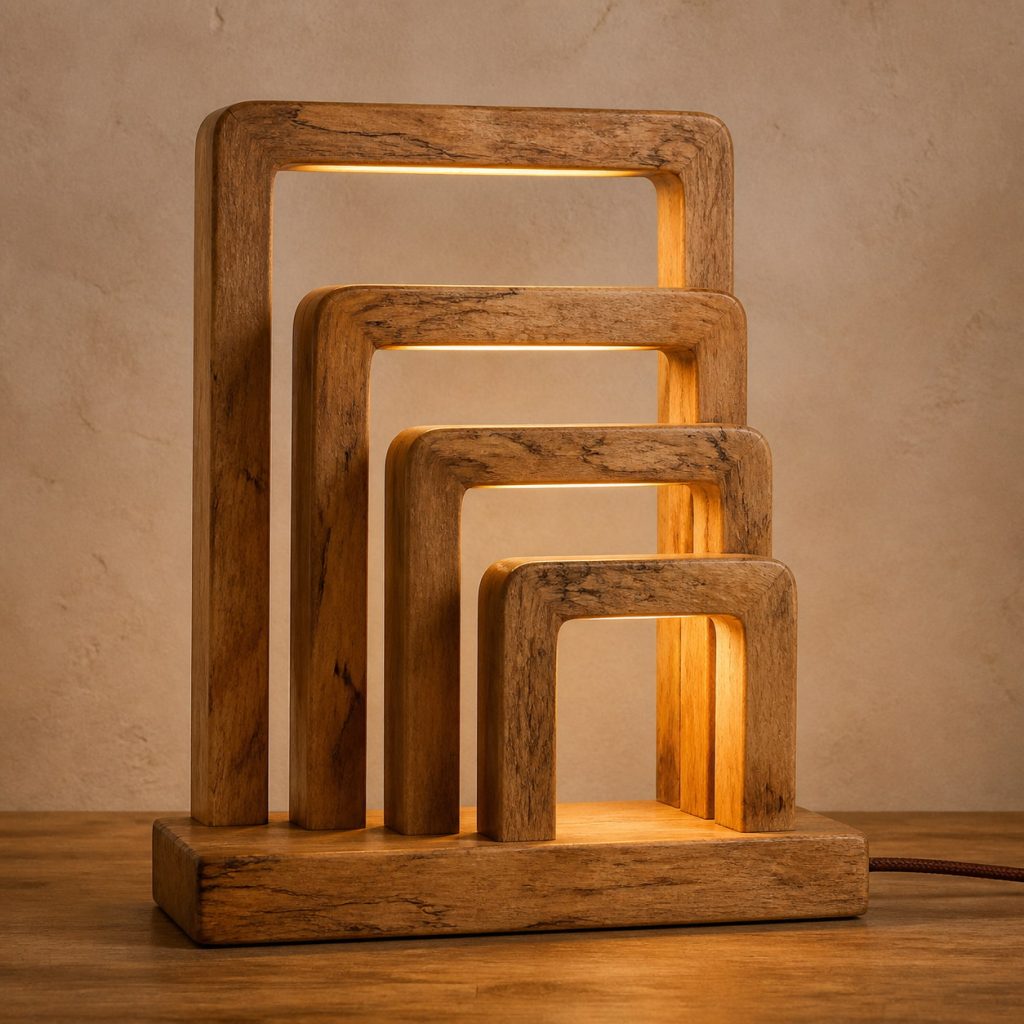 Mango Wood Stepped-Arch Lamp shown as an original square photorealistic mango wood lamp with natural golden-brown with varied streaks grain, distinctive construction, and warm diffused light