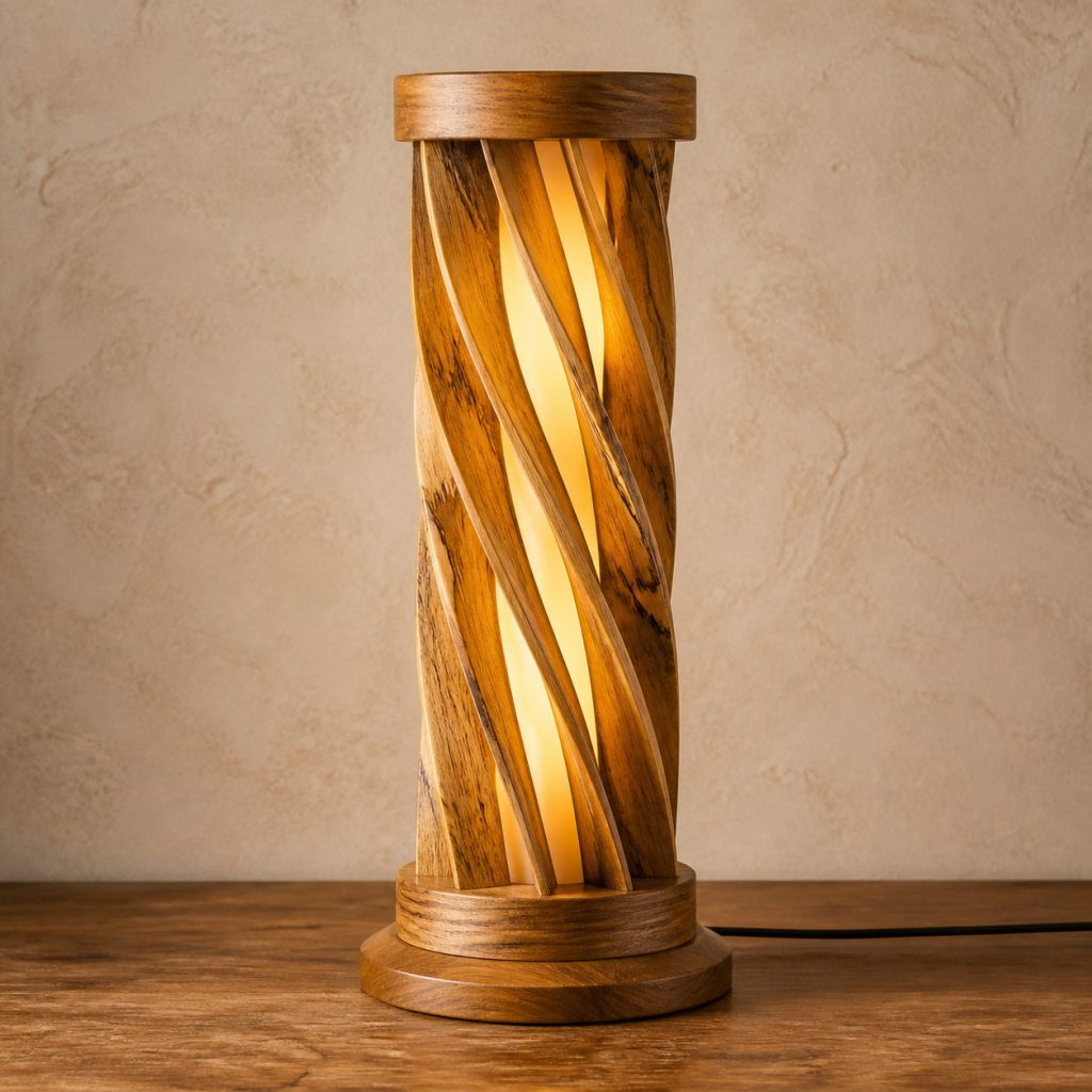 Mango Wood Twisted-Vane Lamp shown as an original square photorealistic mango wood lamp with natural golden-brown with varied streaks grain, distinctive construction, and warm diffused light