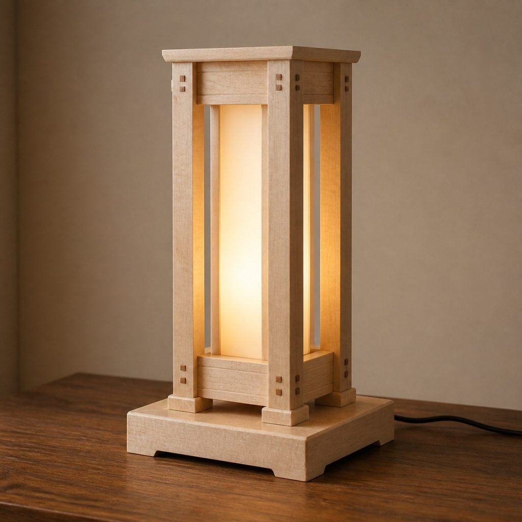 Maple Framed Diffuser Lamp shown as an original square photorealistic maple wood lamp with authentic grain, warm diffused light, and a short dark power cord