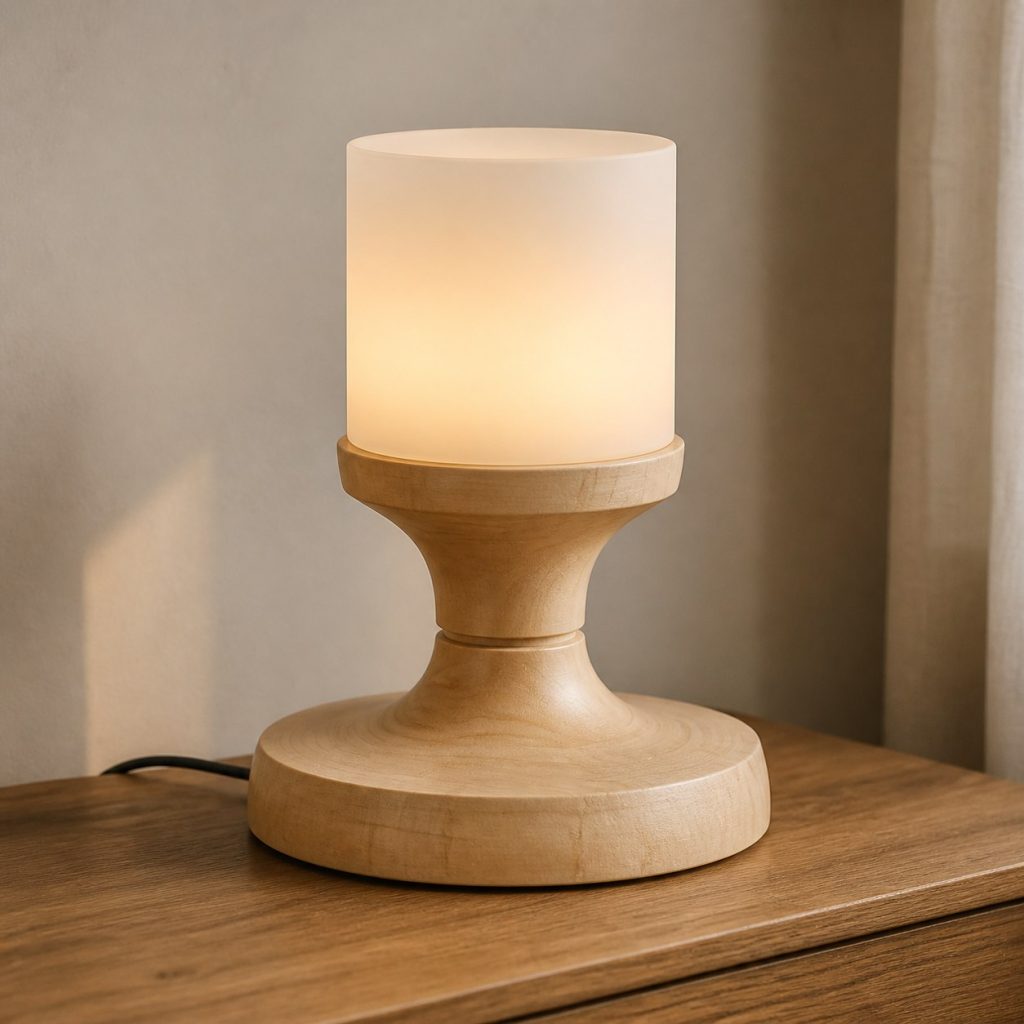 Turned Maple Bedside Lamp shown as an original square photorealistic maple wood lamp with authentic grain, warm diffused light, and a short dark power cord