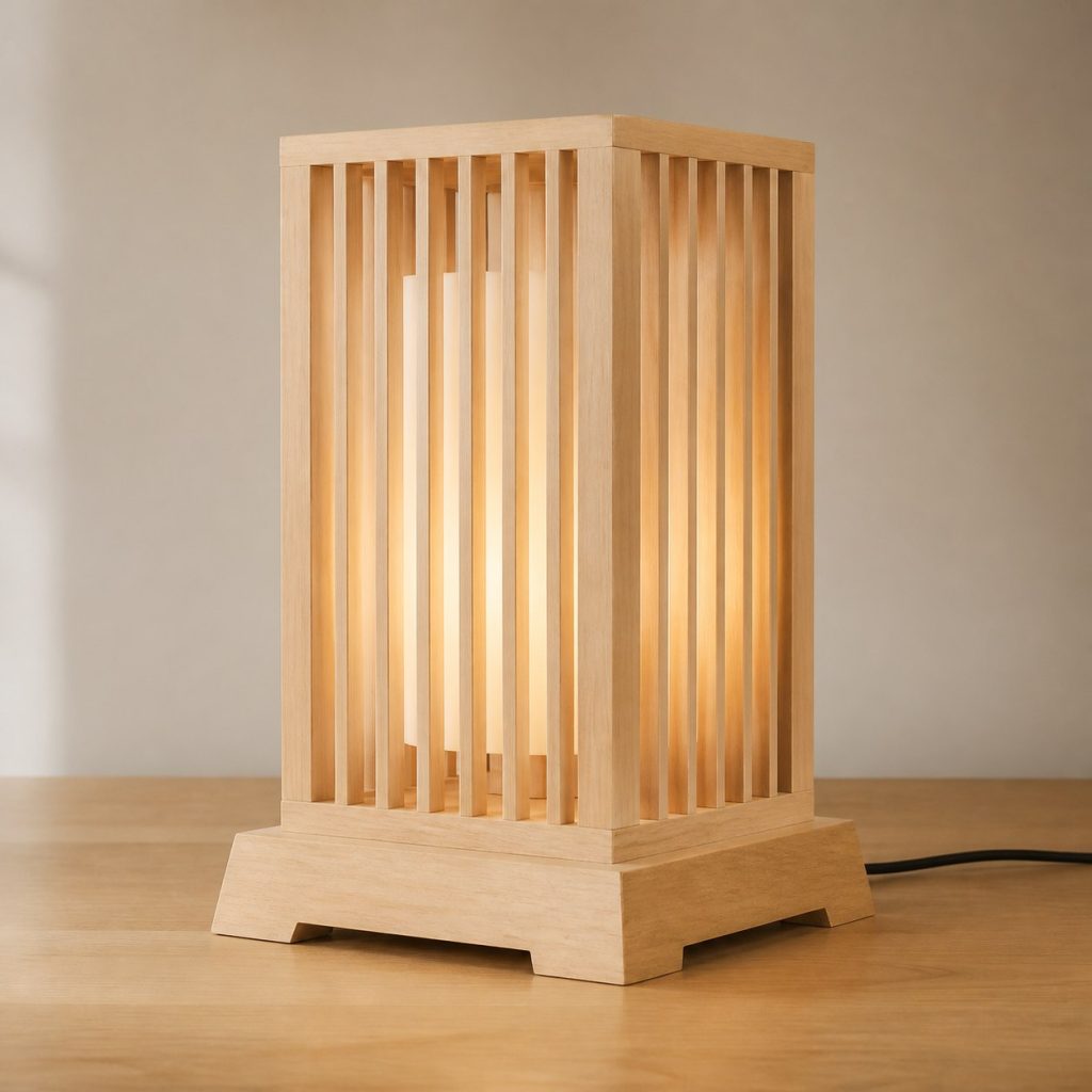 Slatted Maple Lantern Lamp shown as an original square photorealistic maple wood lamp with authentic grain, warm diffused light, and a short dark power cord