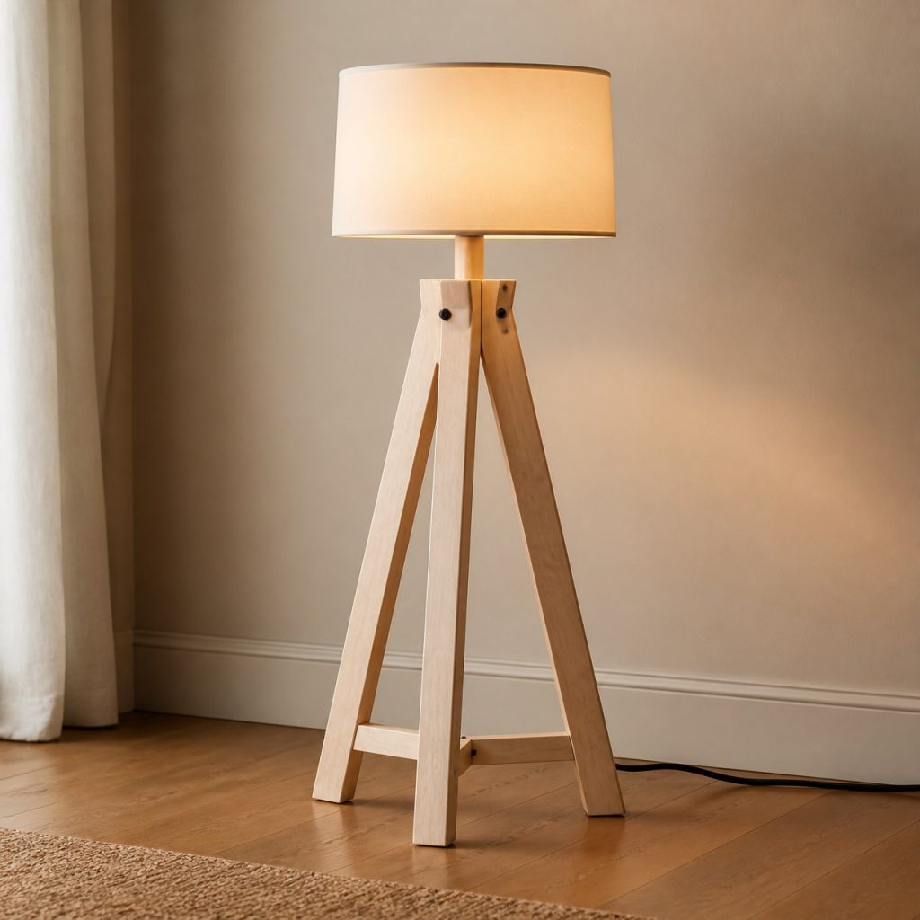 Maple Tripod Floor Lamp shown as an original square photorealistic maple wood lamp with authentic grain, warm diffused light, and a short dark power cord