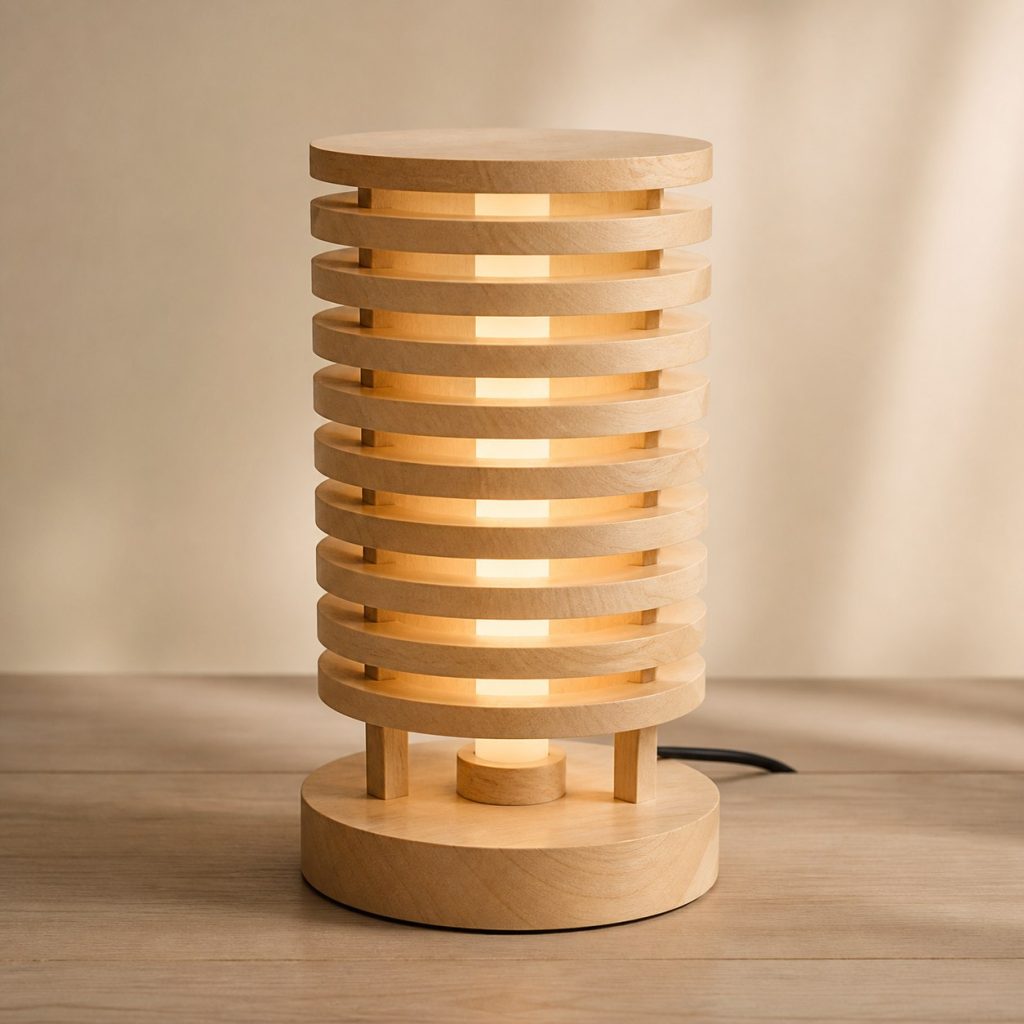 Stacked Maple Ring Lamp shown as an original square photorealistic maple wood lamp with authentic grain, warm diffused light, and a short dark power cord