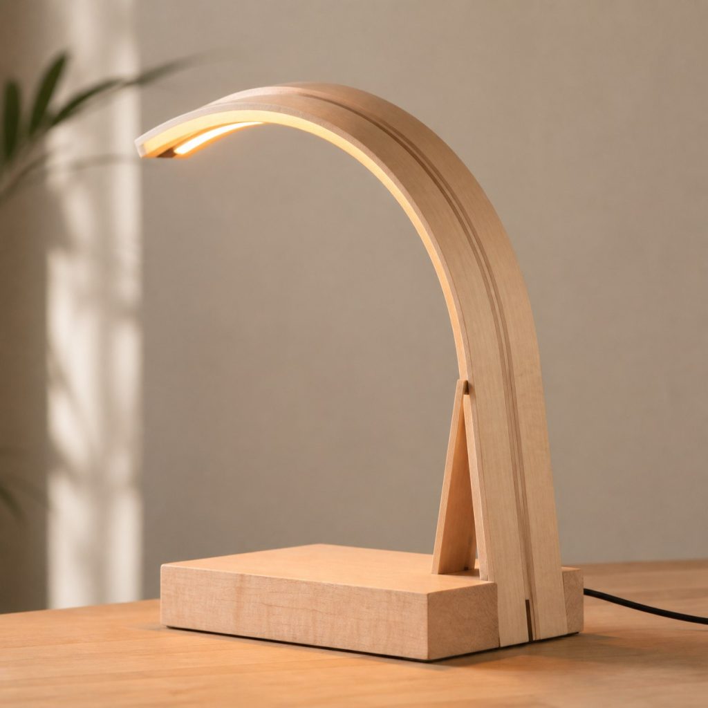 Laminated Maple Arch Lamp shown as an original square photorealistic maple wood lamp with authentic grain, warm diffused light, and a short dark power cord