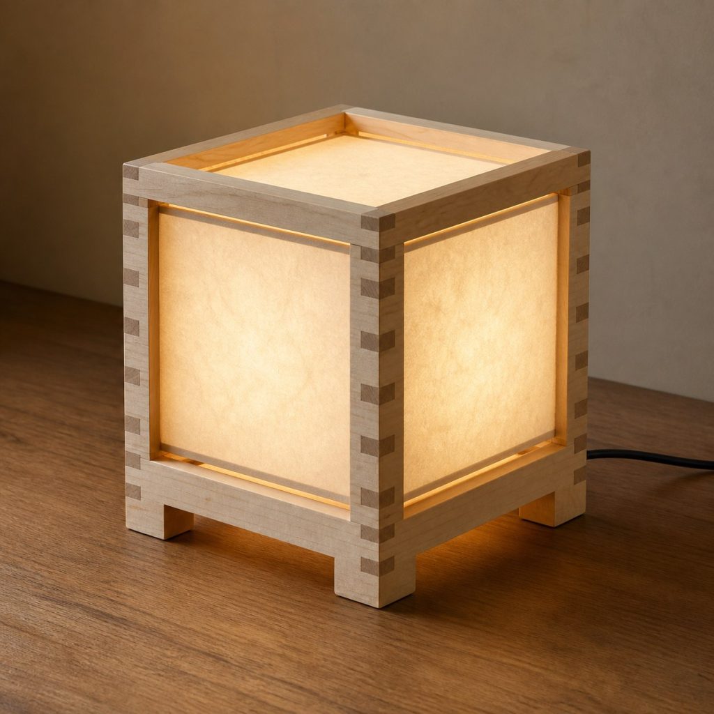 Box-Jointed Maple Cube Lamp shown as an original square photorealistic maple wood lamp with authentic grain, warm diffused light, and a short dark power cord