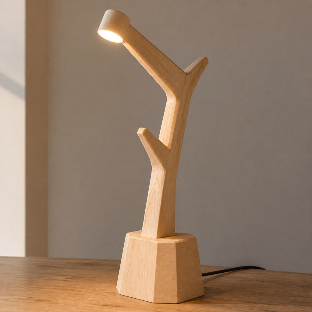 Maple Branch Reading Lamp shown as an original square photorealistic maple wood lamp with authentic grain, warm diffused light, and a short dark power cord