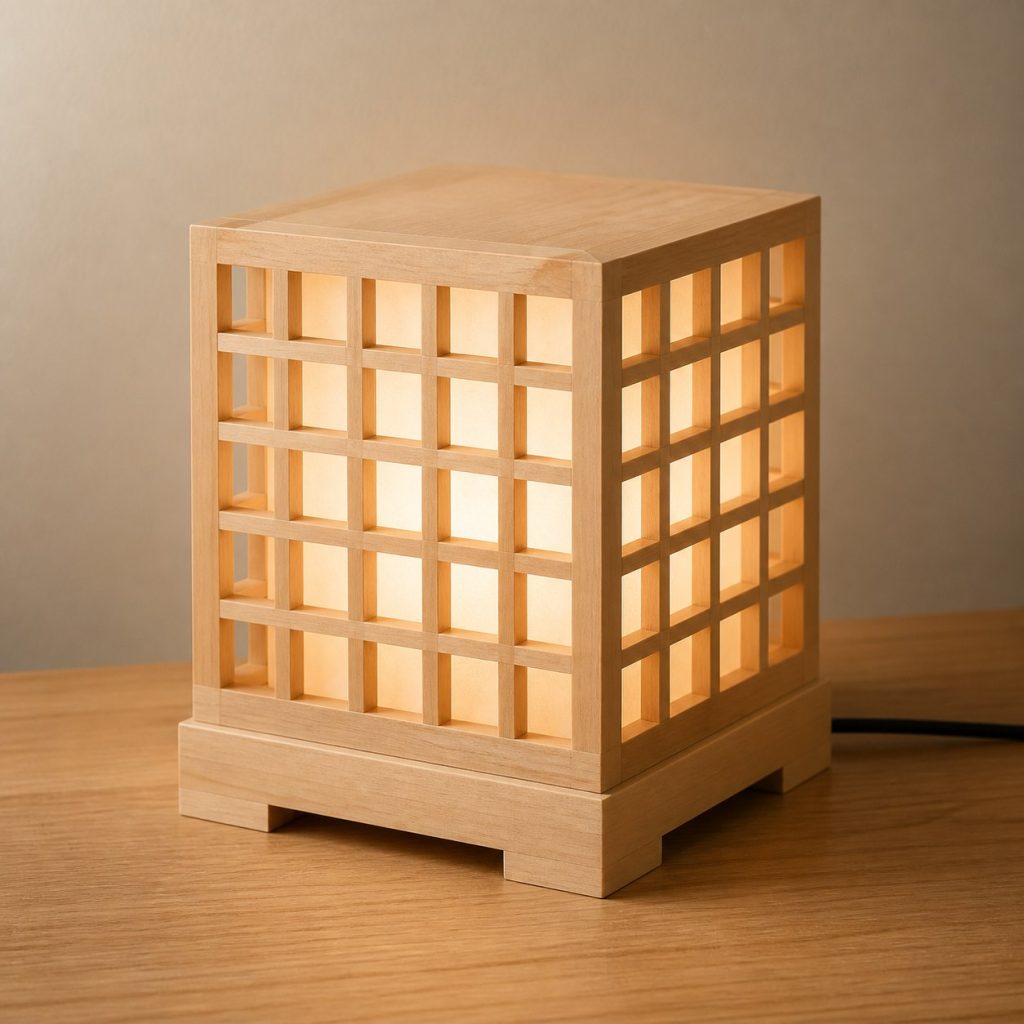 Maple Lattice Lamp shown as an original square photorealistic maple wood lamp with authentic grain, warm diffused light, and a short dark power cord