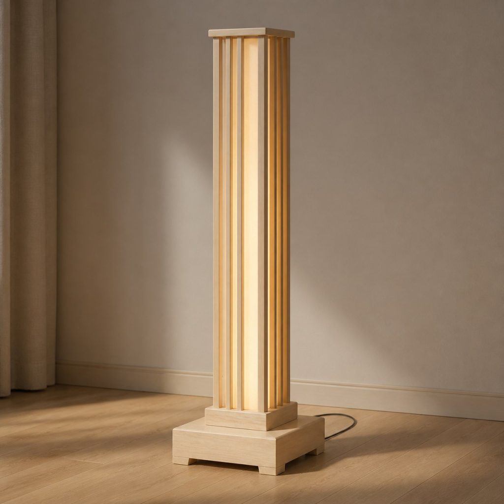 Maple Column Floor Lamp shown as an original square photorealistic maple wood lamp with authentic grain, warm diffused light, and a short dark power cord