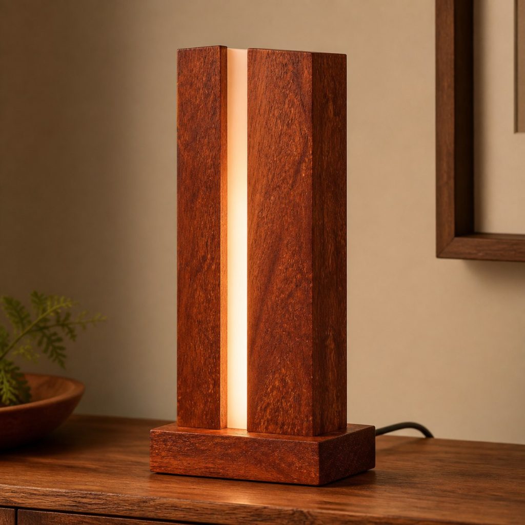 Merbau Light-Slot Monolith shown as an original square photorealistic merbau wood lamp with natural orange-red to reddish-brown grain, distinctive construction, and warm diffused light