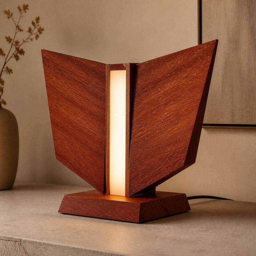Merbau Winged Table Lamp shown as an original square photorealistic merbau wood lamp with natural orange-red to reddish-brown grain, distinctive construction, and warm diffused light