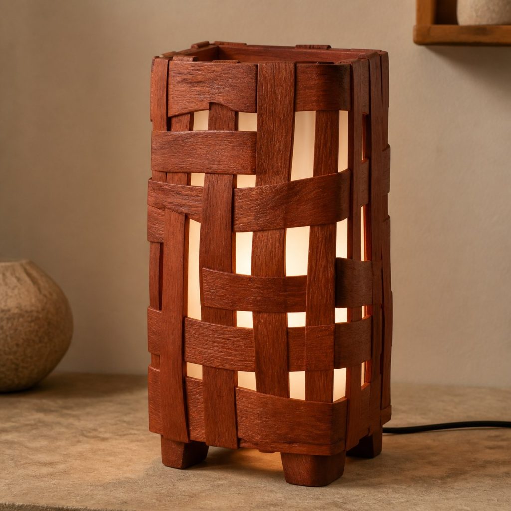 Merbau Basket-Weave Lamp shown as an original square photorealistic merbau wood lamp with natural orange-red to reddish-brown grain, distinctive construction, and warm diffused light