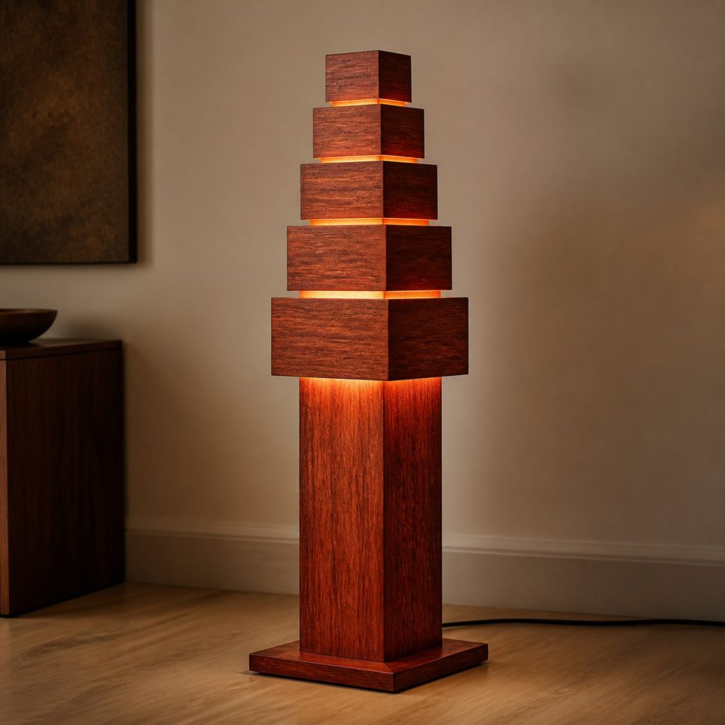 Merbau Ziggurat Floor Lamp shown as an original square photorealistic merbau wood lamp with natural orange-red to reddish-brown grain, distinctive construction, and warm diffused light