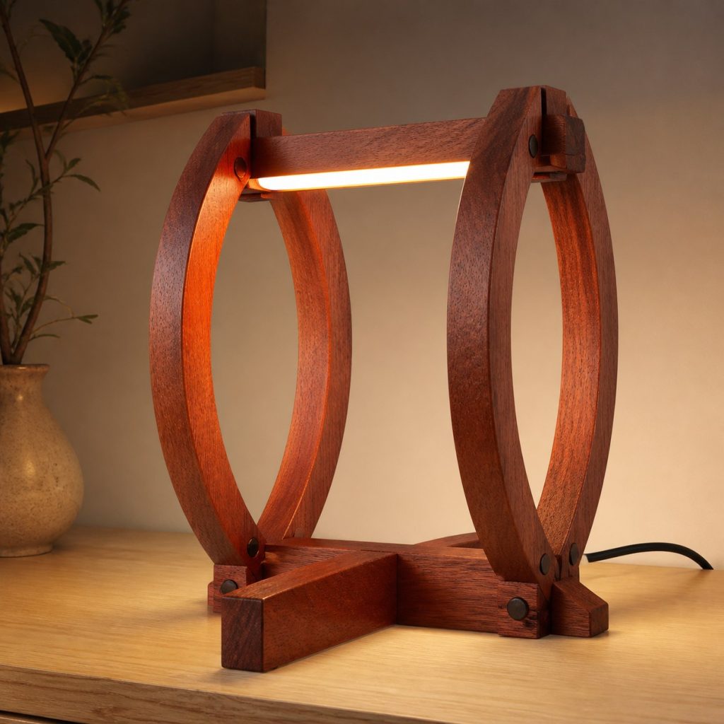 Merbau Ring-Bridge Lamp shown as an original square photorealistic merbau wood lamp with natural orange-red to reddish-brown grain, distinctive construction, and warm diffused light