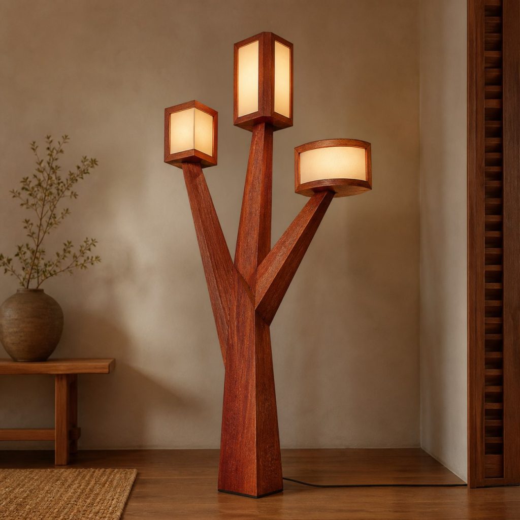 Merbau Forked Floor Lamp shown as an original square photorealistic merbau wood lamp with natural orange-red to reddish-brown grain, distinctive construction, and warm diffused light