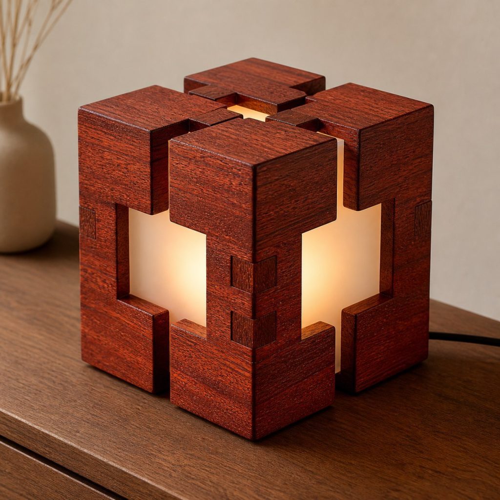 Merbau Puzzle-Cube Lamp shown as an original square photorealistic merbau wood lamp with natural orange-red to reddish-brown grain, distinctive construction, and warm diffused light