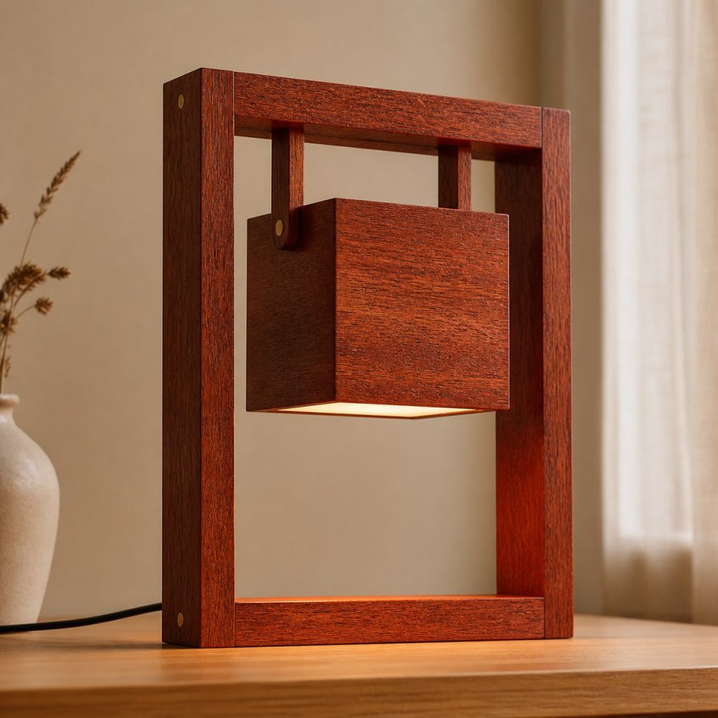 Merbau Suspended-Frame Lamp shown as an original square photorealistic merbau wood lamp with natural orange-red to reddish-brown grain, distinctive construction, and warm diffused light