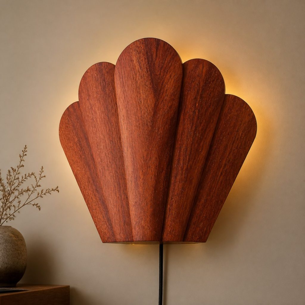 Merbau Scalloped Wall Lamp shown as an original square photorealistic merbau wood lamp with natural orange-red to reddish-brown grain, distinctive construction, and warm diffused light