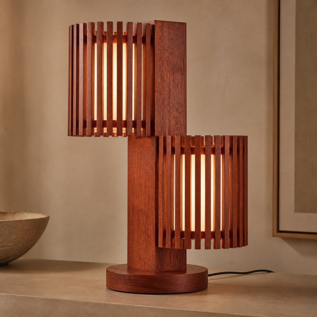 Merbau Double-Drum Lamp shown as an original square photorealistic merbau wood lamp with natural orange-red to reddish-brown grain, distinctive construction, and warm diffused light