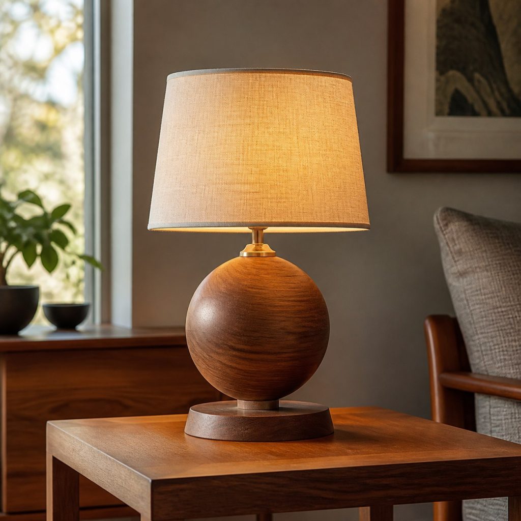 Brass-Collar Walnut Orb Lamp shown as a square photorealistic original mid-century modern wooden table lamp with warm LED light, visible real wood grain, and physically plausible support
