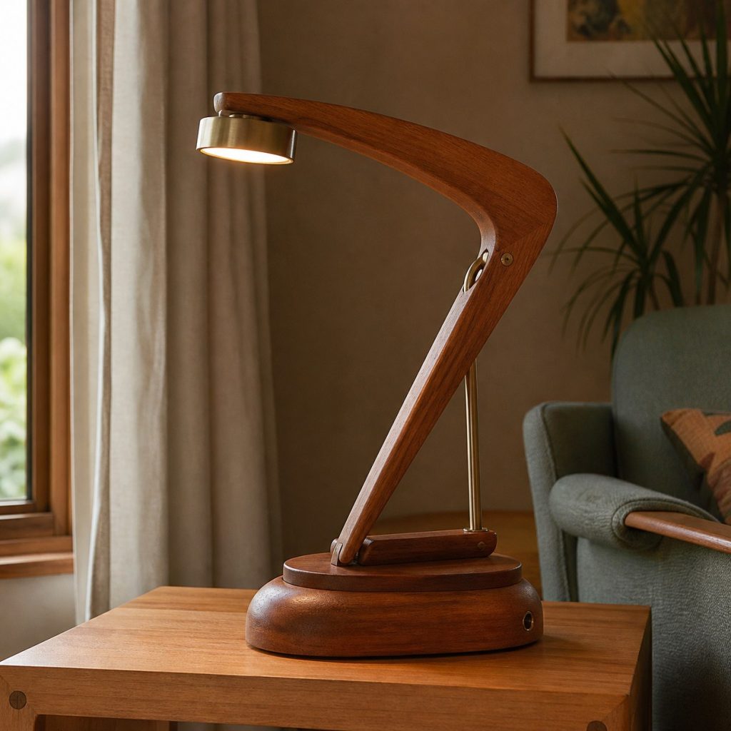 Teak Boomerang Arm Lamp shown as a square photorealistic original mid-century modern wooden table lamp with warm LED light, visible real wood grain, and physically plausible support