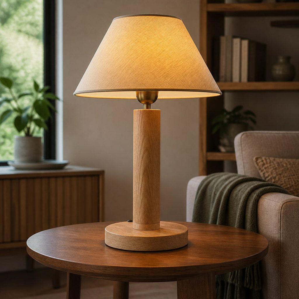 Oak Cylinder and Cone Lamp shown as a square photorealistic original mid-century modern wooden table lamp with warm LED light, visible real wood grain, and physically plausible support