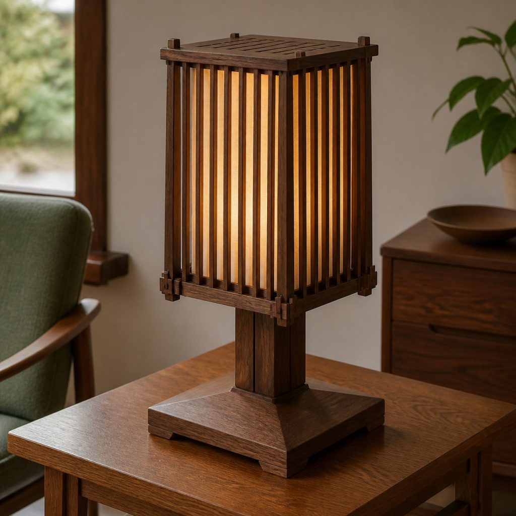 Walnut Slat Lantern Lamp shown as a square photorealistic original mid-century modern wooden table lamp with warm LED light, visible real wood grain, and physically plausible support