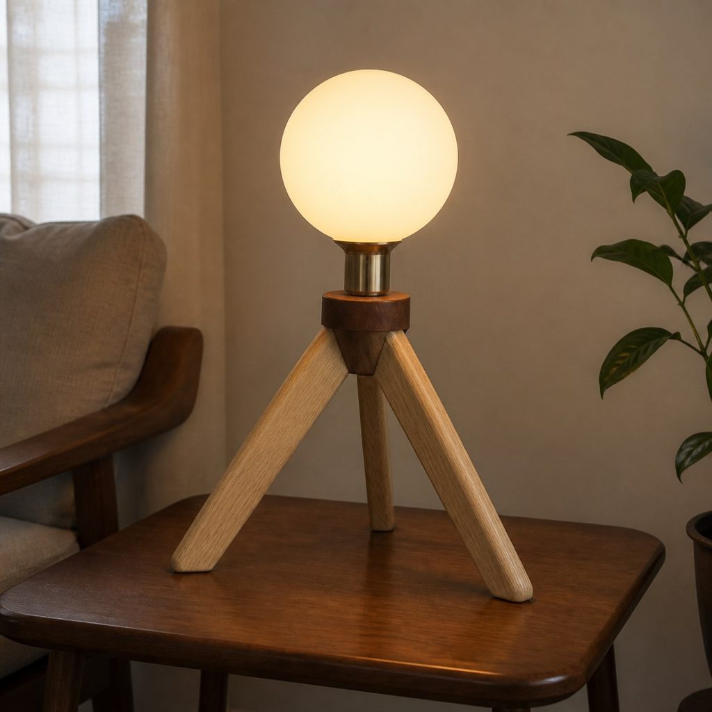 Two-Tone Atomic Tripod Lamp shown as a square photorealistic original mid-century modern wooden table lamp with warm LED light, visible real wood grain, and physically plausible support