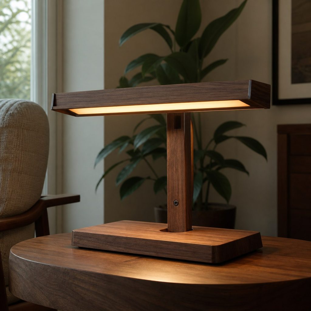 Low Credenza Accent Lamp shown as a square photorealistic original mid-century modern wooden table lamp with warm LED light, visible real wood grain, and physically plausible support