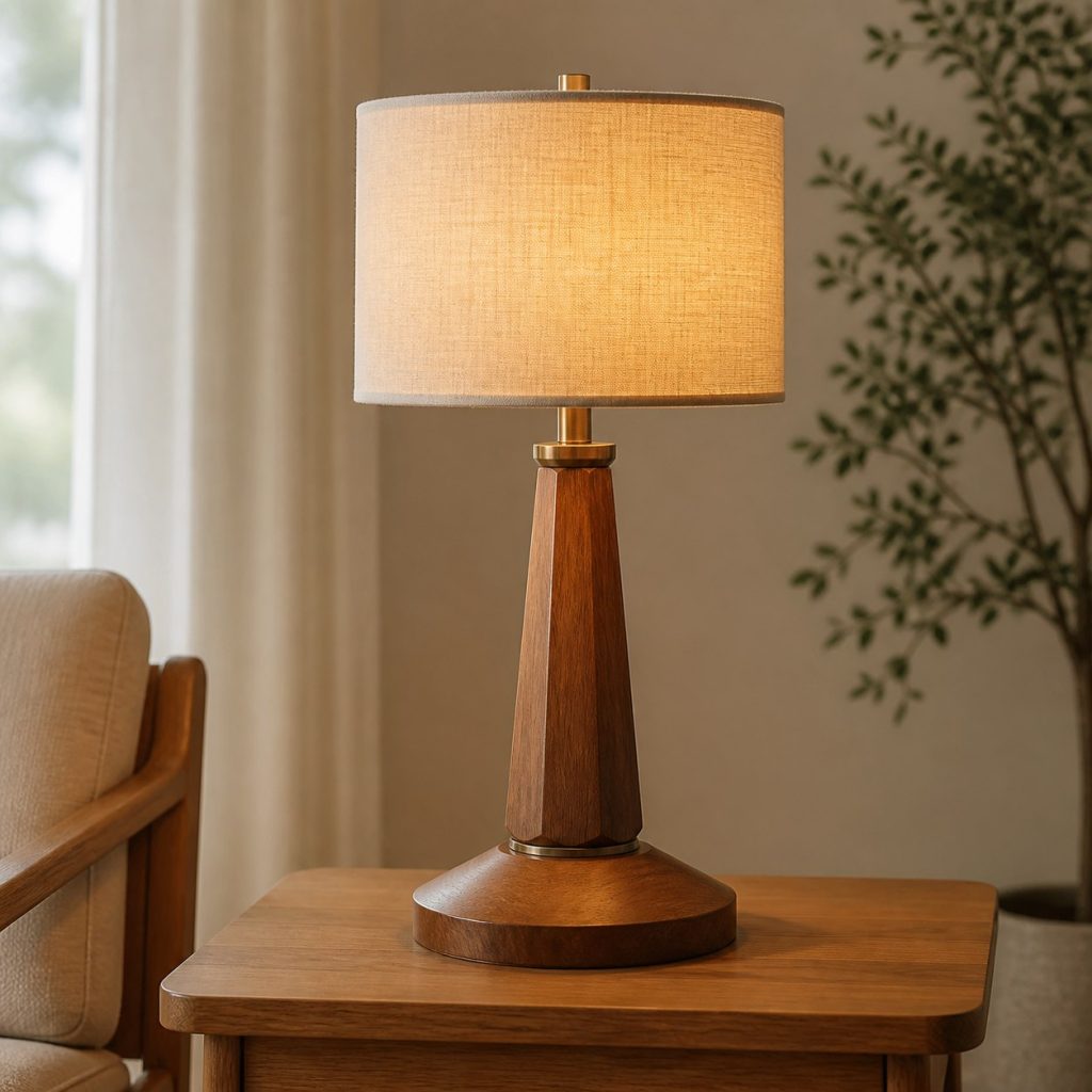 Tapered Teak Column Lamp shown as a square photorealistic original mid-century modern wooden table lamp with warm LED light, visible real wood grain, and physically plausible support