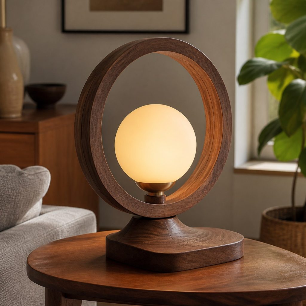 Walnut Hoop Globe Lamp shown as a square photorealistic original mid-century modern wooden table lamp with warm LED light, visible real wood grain, and physically plausible support