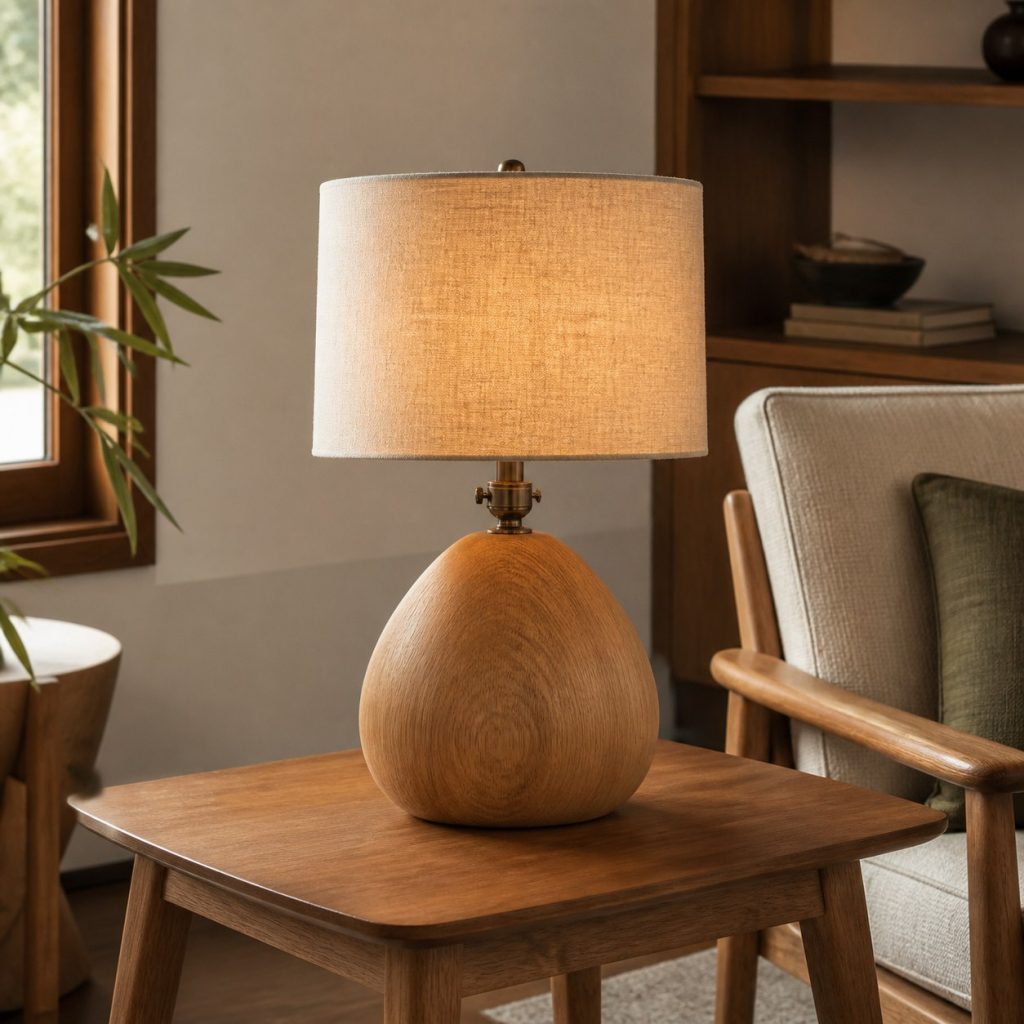 Sculpted Oak Pebble Lamp shown as a square photorealistic original mid-century modern wooden table lamp with warm LED light, visible real wood grain, and physically plausible support