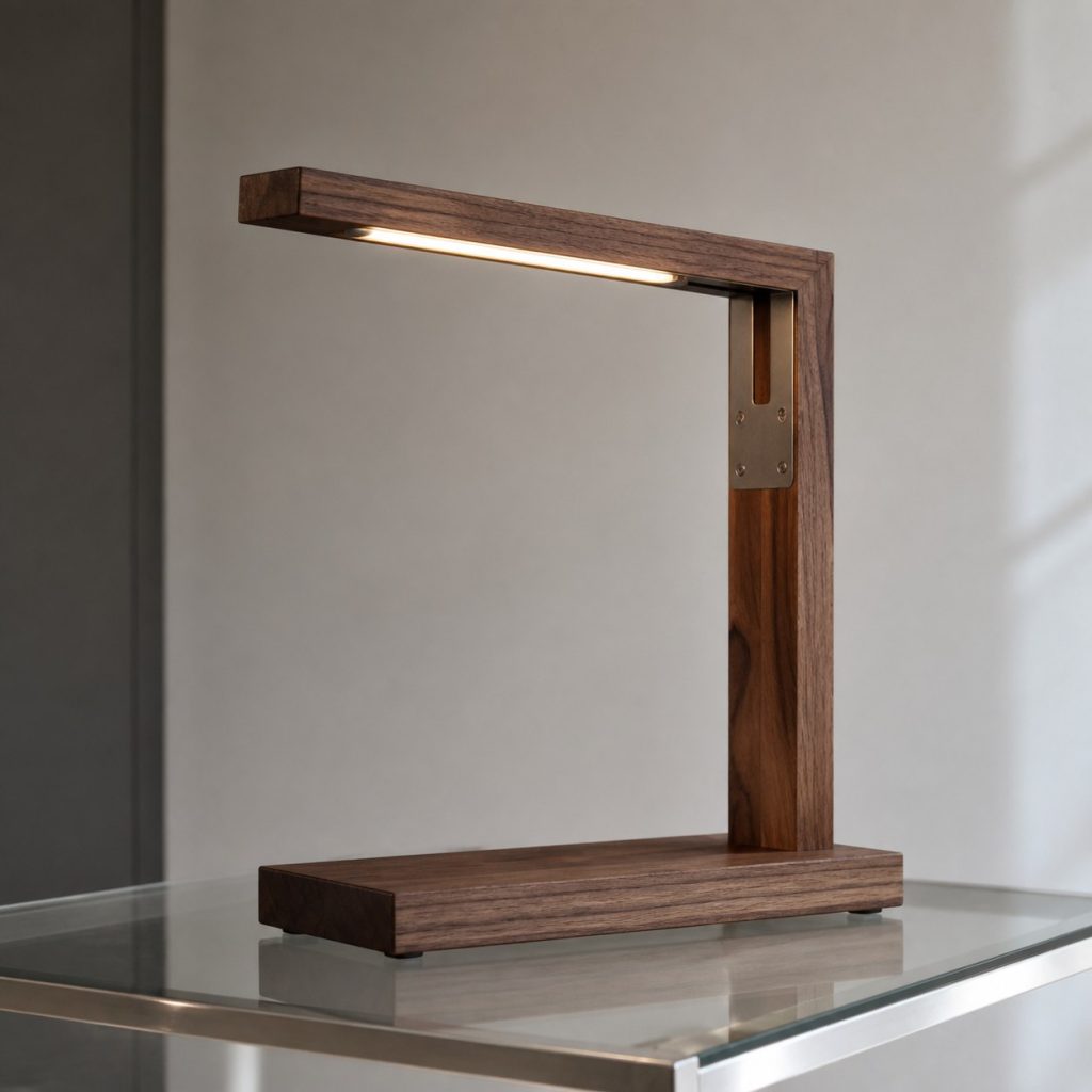 Walnut L-Frame Task Lamp shown as an original square photorealistic minimalist wooden lamp with real wood grain, warm LED light, and physically plausible support