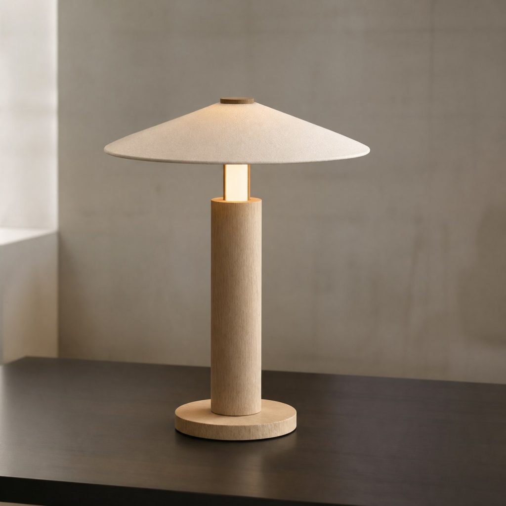 Plain Ash Cylinder Lamp shown as an original square photorealistic minimalist wooden lamp with real wood grain, warm LED light, and physically plausible support