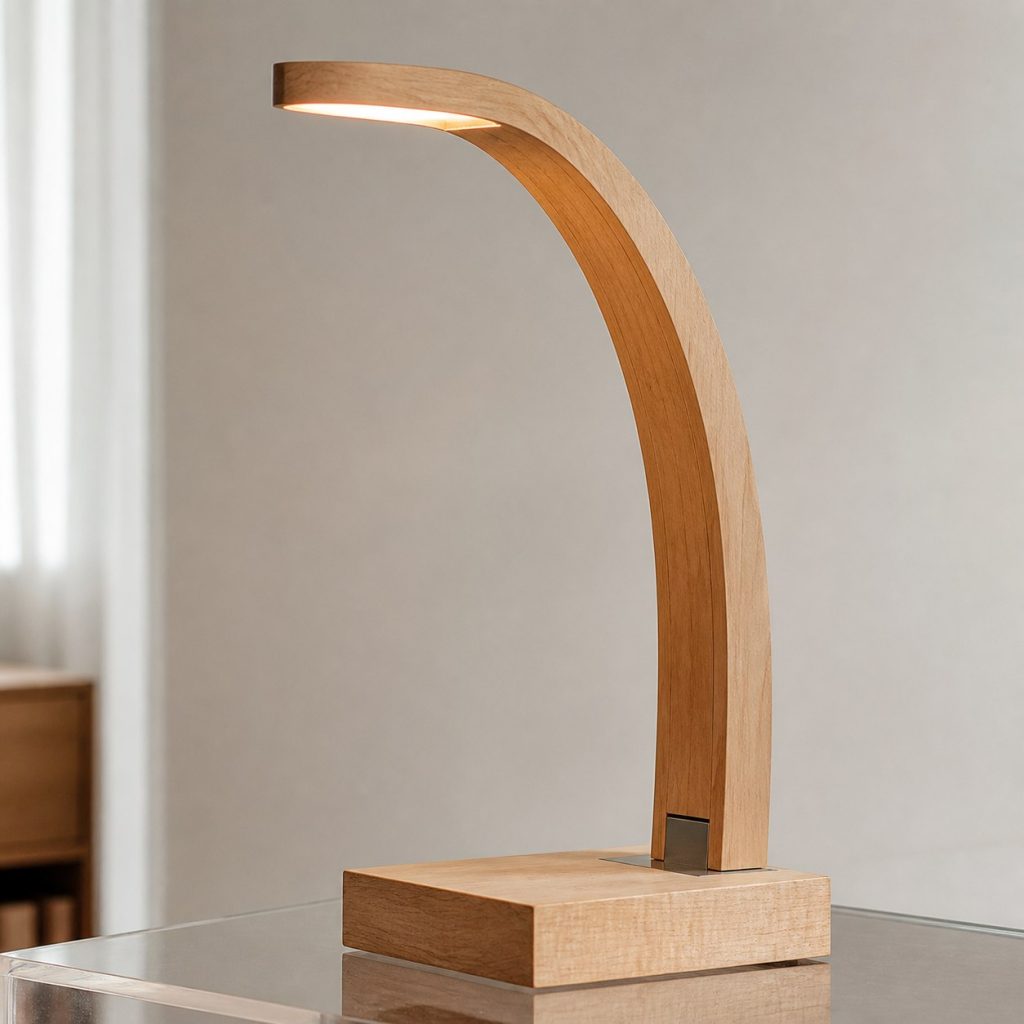 Maple Minimal Arch Lamp shown as an original square photorealistic minimalist wooden lamp with real wood grain, warm LED light, and physically plausible support