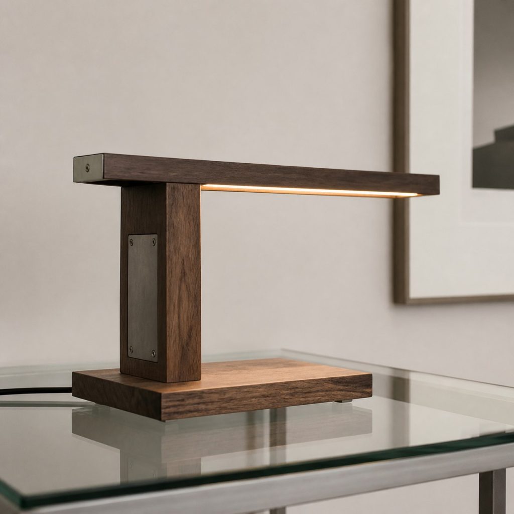 Low Walnut Light-Bar Lamp shown as an original square photorealistic minimalist wooden lamp with real wood grain, warm LED light, and physically plausible support