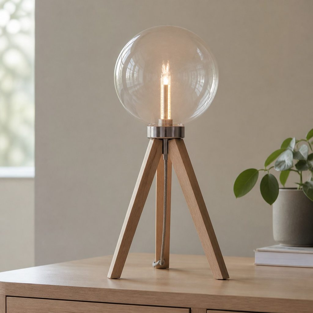Beech Minimal Tripod Globe Lamp shown as an original square photorealistic minimalist wooden lamp with real wood grain, warm LED light, and physically plausible support