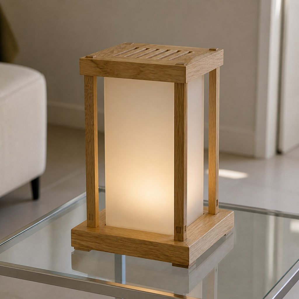 White-Oak Minimal Lantern shown as an original square photorealistic minimalist wooden lamp with real wood grain, warm LED light, and physically plausible support