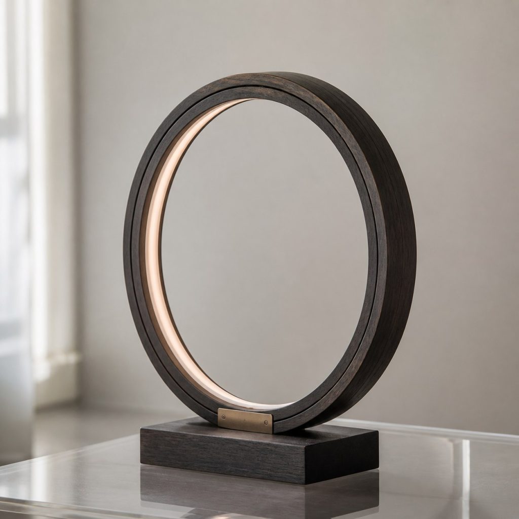Dark-Ash Minimal Ring Lamp shown as an original square photorealistic minimalist wooden lamp with real wood grain, warm LED light, and physically plausible support