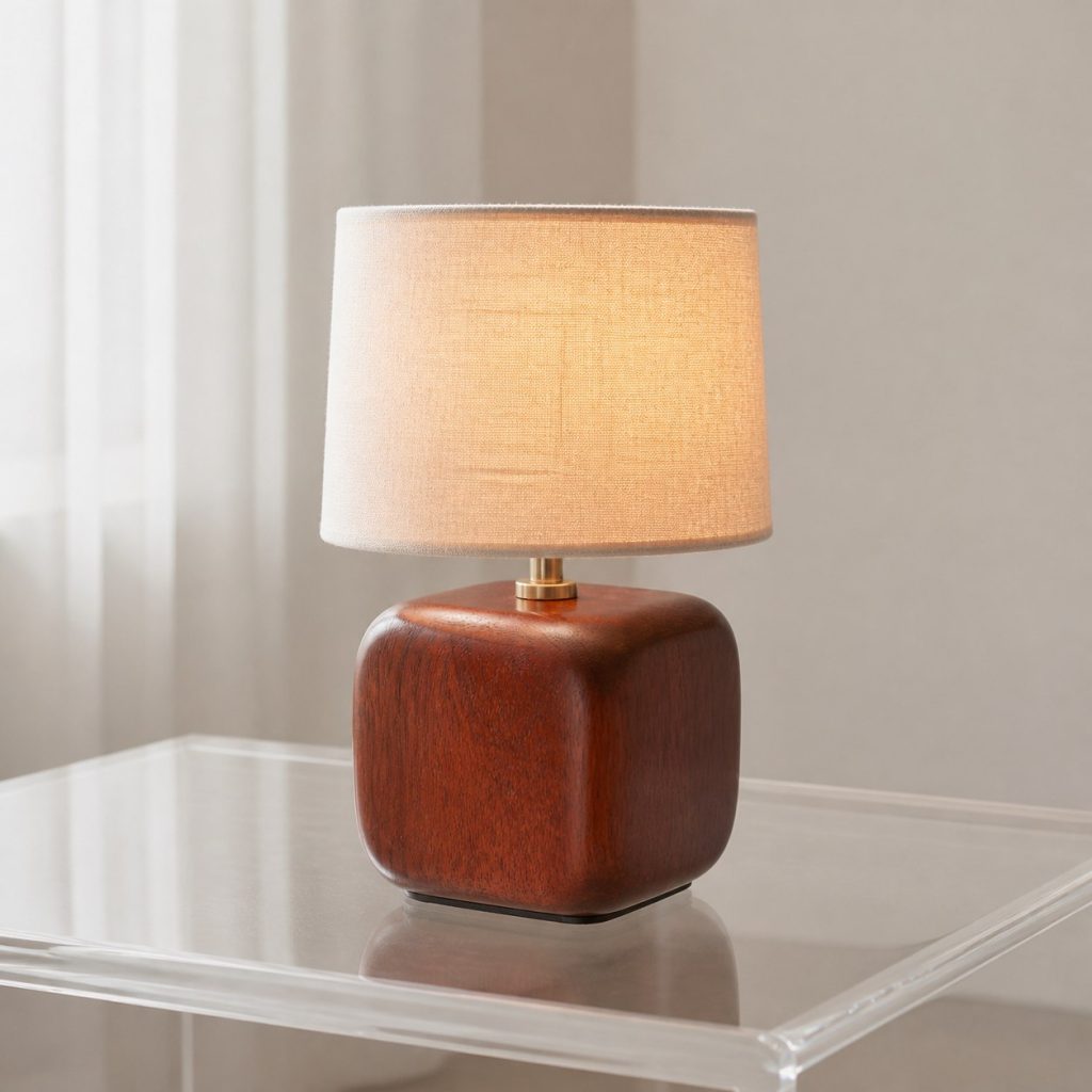 Rounded Cherry Bedside Lamp shown as an original square photorealistic minimalist wooden lamp with real wood grain, warm LED light, and physically plausible support
