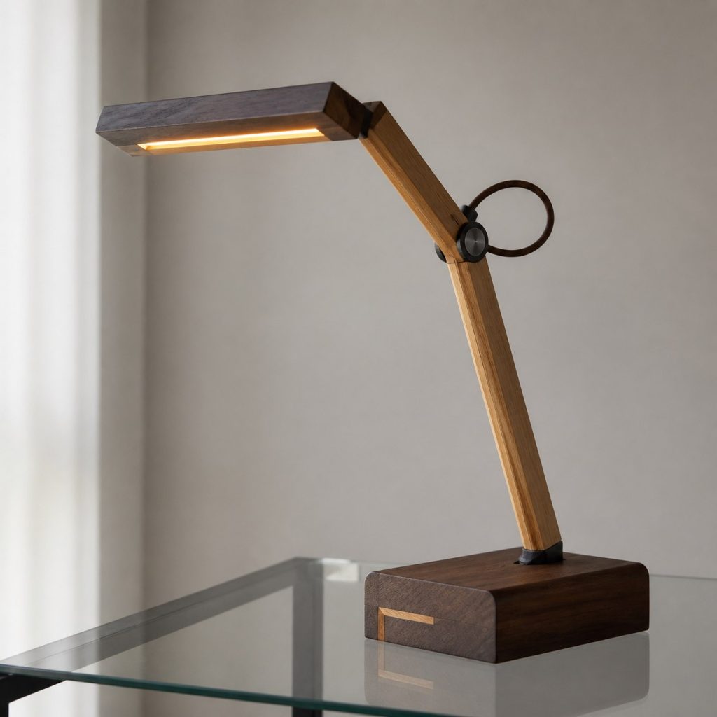 Two-Tone Single-Pivot Lamp shown as an original square photorealistic minimalist wooden lamp with real wood grain, warm LED light, and physically plausible support