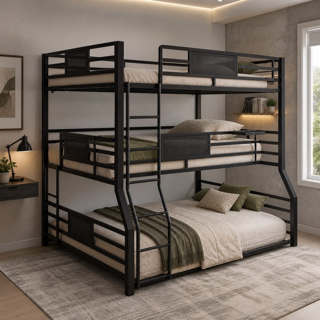 Black metal triple bunk bed frame with three sleeping levels